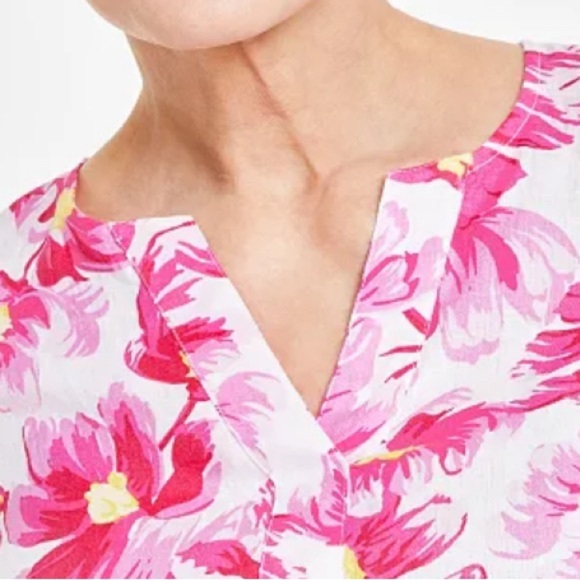 Charter Club Women’s 100% Linen Tropical Floral Pattern Tie Sleeve Blouse SZ LG - Picture 3 of 11